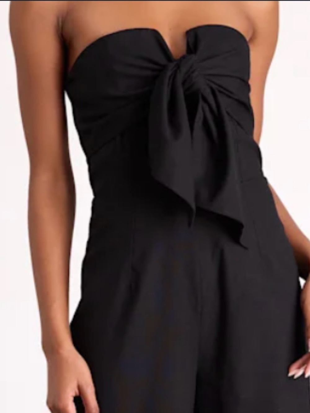 Strapless Black Evening Romper with Draped Bow Detail